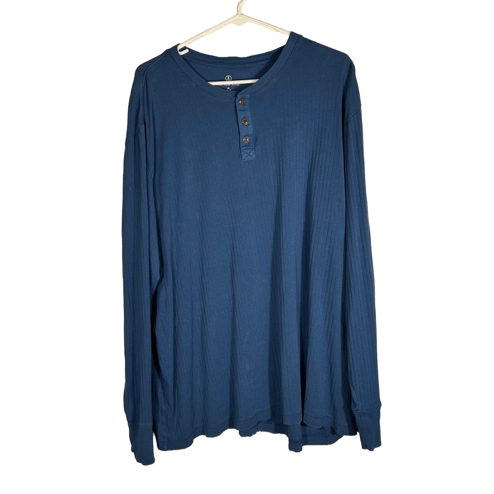 Lands End Mens‎ XL Blue Ribbed Long Sleeve Henley Shirt 100% Cotton Casual Top